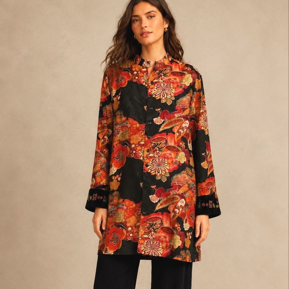 Chicos Women Silk Tunic Top XL 3 Floral Asian Mandarin Collar Beaded Vintage